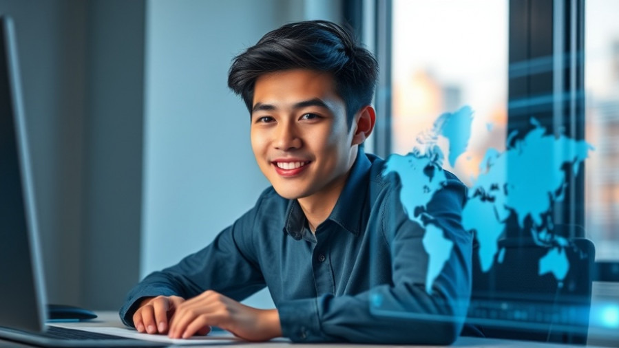 Young entrepreneur confidently engages with marketing technology for audience engagement.