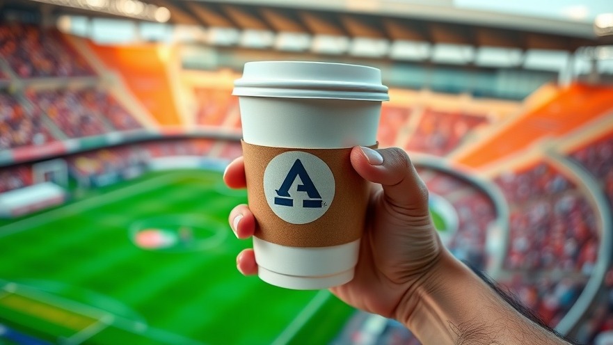 Close-up of a hand with a reusable compostable cup, promoting sustainable living amidst a vibrant stadium.