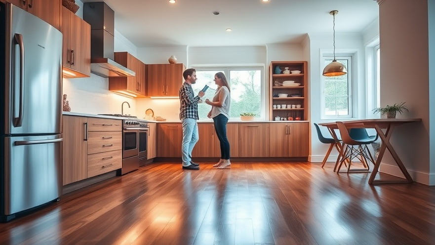Couple discussing home flooring options in a modern kitchen with hardwood flooring.