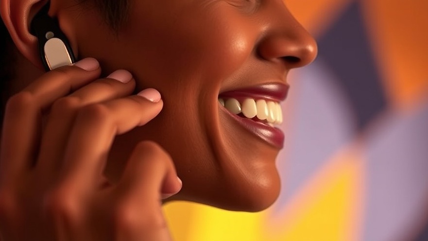 Smiling person adjusting a sleek wireless hearing device, showcasing discreet hearing solutions.