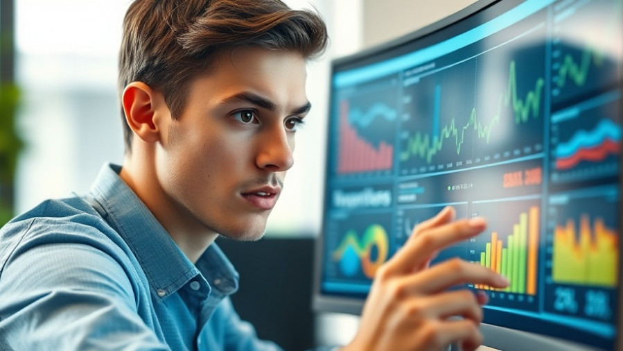 Young professional focused on user behavior analysis with colorful data visualizations.