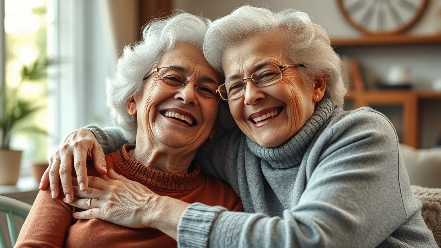 Heartwarming moment of two elderly women embracing, promoting brain health tips for healthy aging.