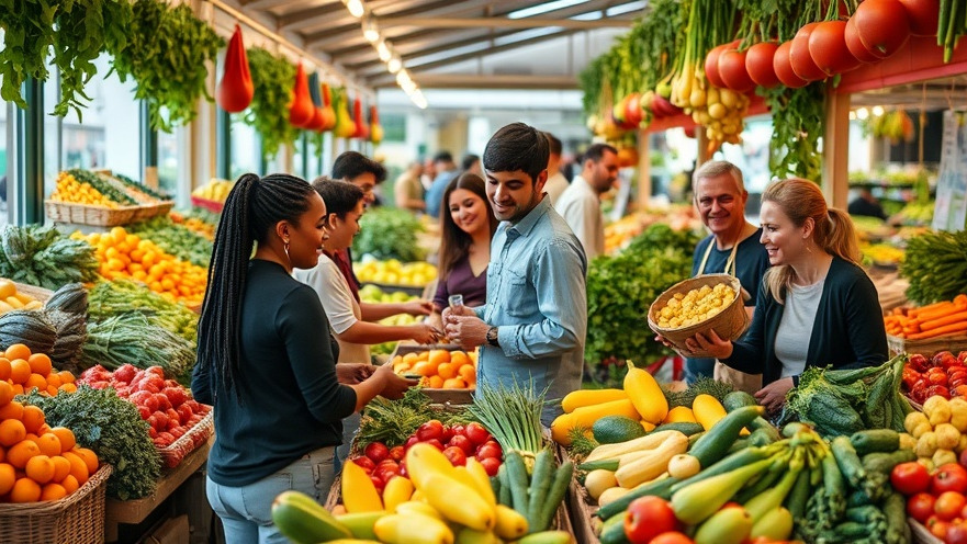 Affordable fresh fruits at a vibrant local farmers market filled with happy shoppers.