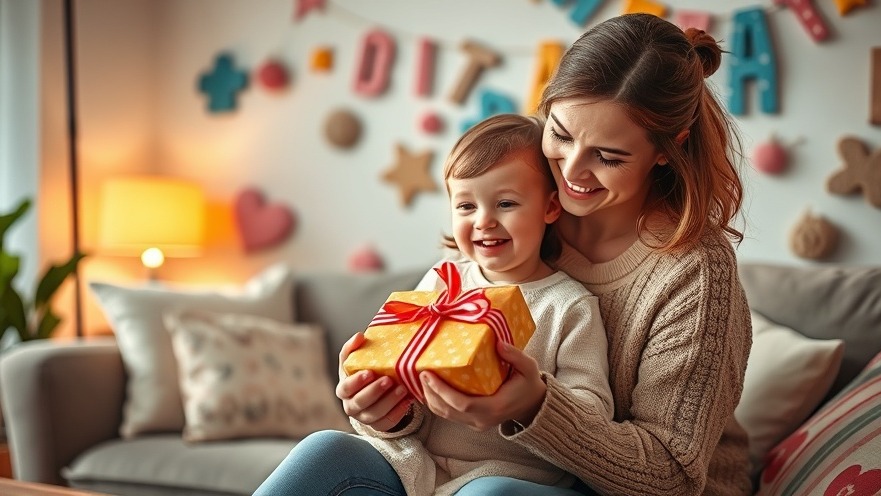 A mother and child sharing a heartfelt moment over DIY gifts for mom in a cozy, colorful living room.