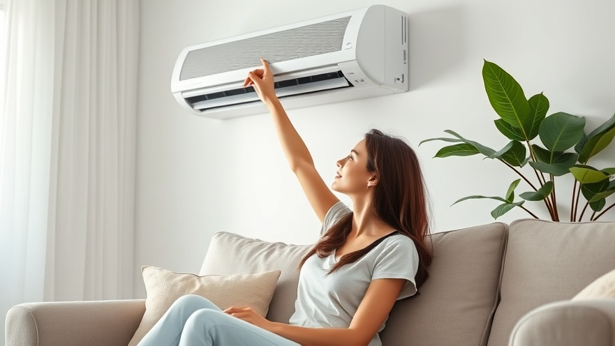 Young woman enjoying summer cooling solutions while adjusting air conditioner.