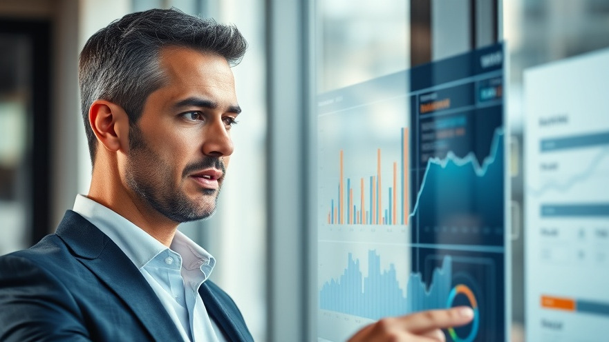 Confident business professional analyzing revenue growth metrics on a digital screen.