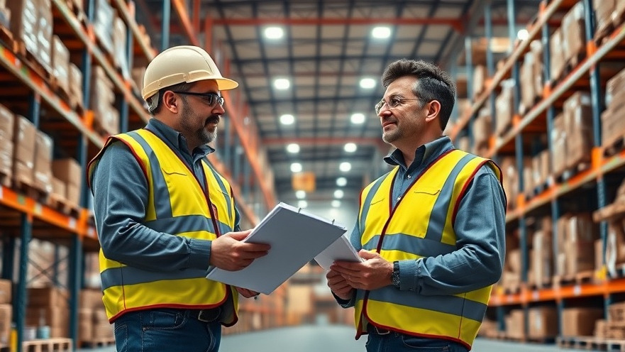 Warehouse workers discussing inventory management for operational efficiency.