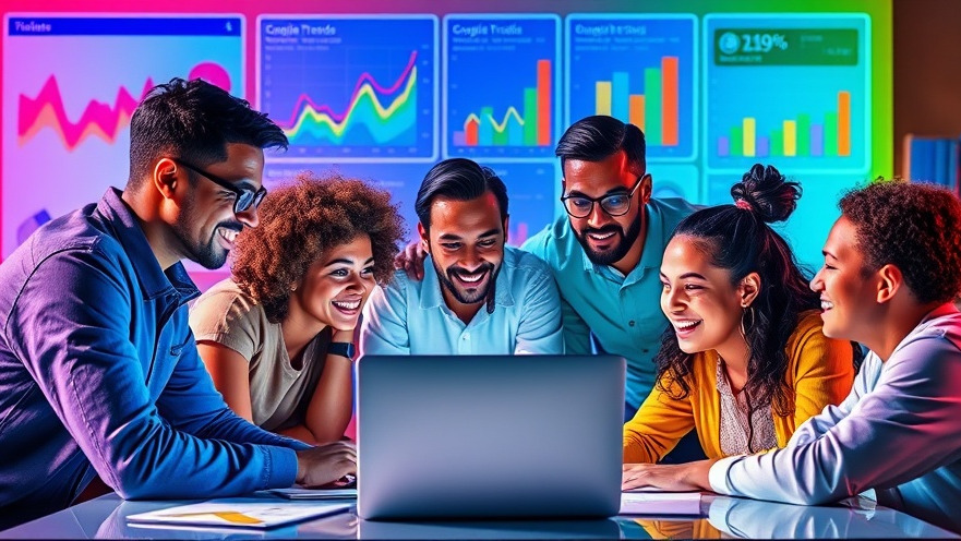 Diverse individuals analyzing Google Trends for businesses with vibrant charts.