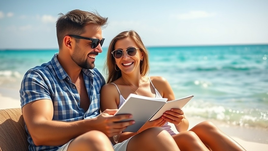 Joyful couple discussing retirement savings on a sunny beach, promoting financial wellness.