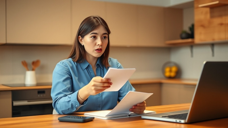 Young woman analyzing mortgage amortization for financial freedom in a modern kitchen.