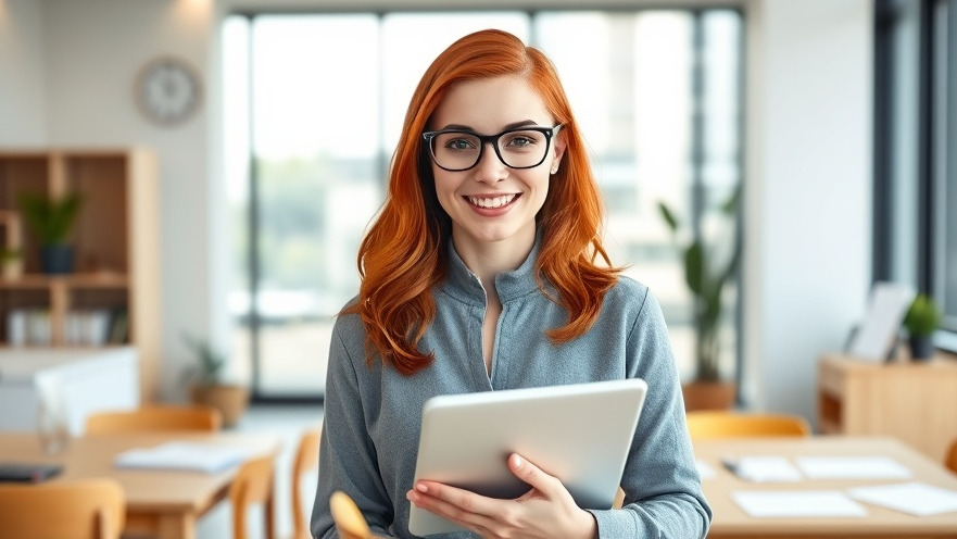 Confident young woman with red hair using a tablet in a modern office, symbolizing the business name search process.