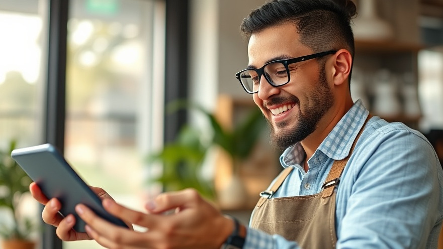Confident local business owner engaging with social media strategies on a tablet.