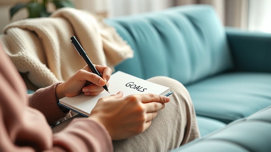 Writing meaningful life goals in a notebook on a cozy couch.