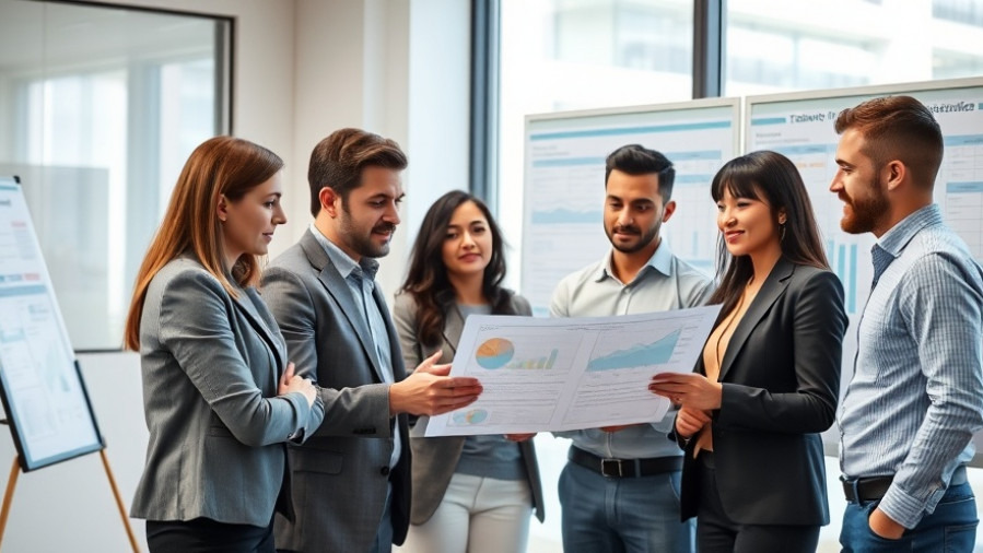 Diverse professionals engaged in business growth training programs, analyzing charts in a modern office.