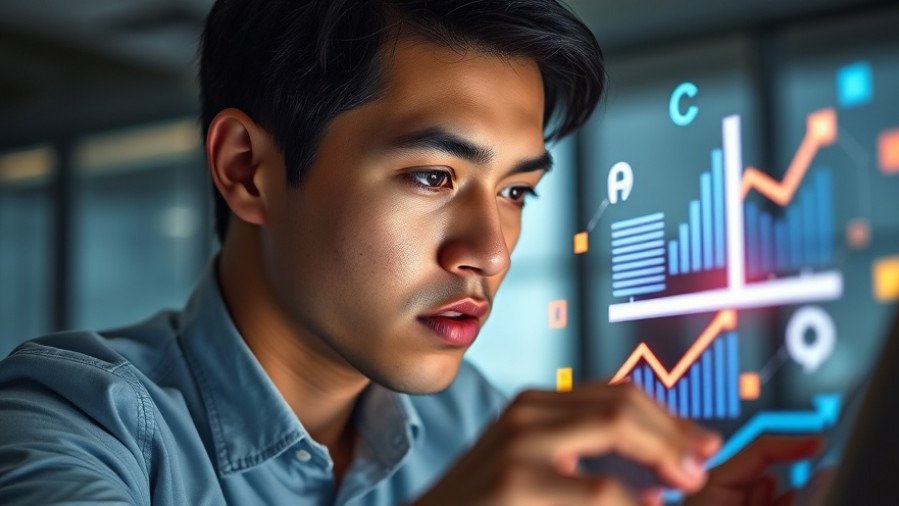 Focused young professional optimizing productivity with floating balance graphs.