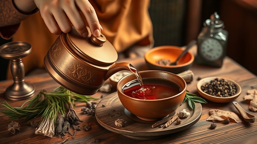 Person pouring herbal tea in a rustic setting, embracing holistic healing and traditional medicine.