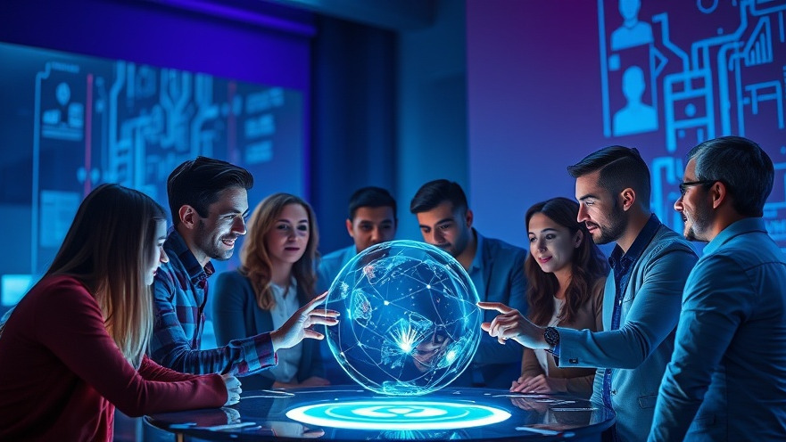 Diverse professionals brainstorming AI search optimization using a glowing holographic interface.