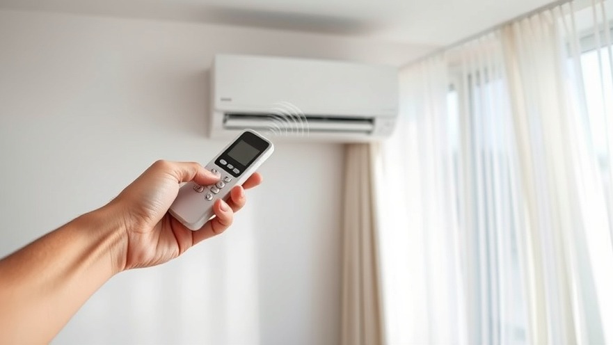 Hand using a remote for air conditioning maintenance in a modern, naturally lit room.