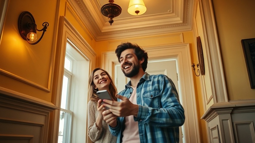 Couple joyfully exploring vintage home features, inspecting molding and fixtures.
