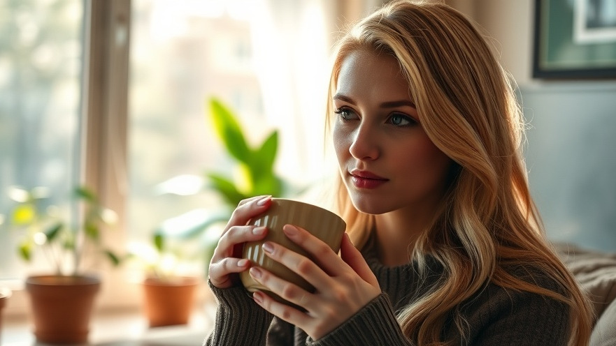 Calm blonde woman promoting stress management while enjoying a hot beverage in a cozy, sunlit living room.