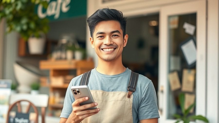 Confident café owner showcasing Threads social media growth and local engagement.