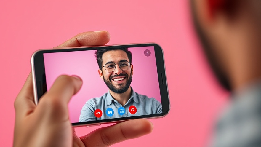 Cheerful man on a smartphone video call for random video chat, pink background.