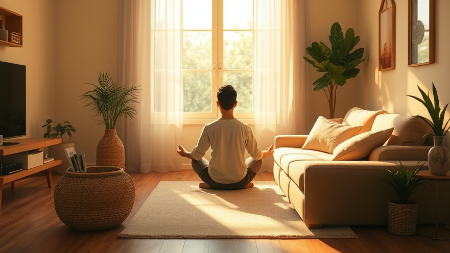 A serene scene of financial wellness: a person meditating in a cozy, sunlit living room.