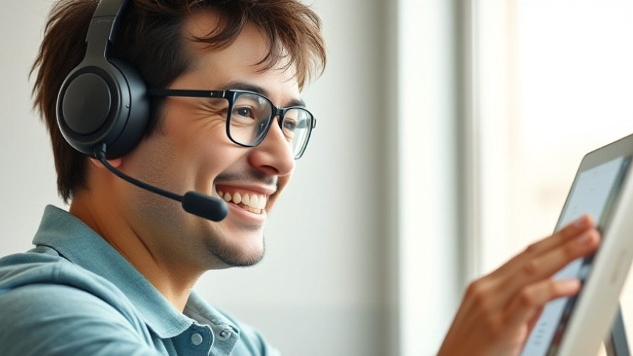 Enthusiastic small business owner with headset engaging in voice automation technology.
