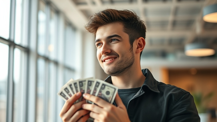 Confident young man with cash exploring alternative investments in a modern interior.