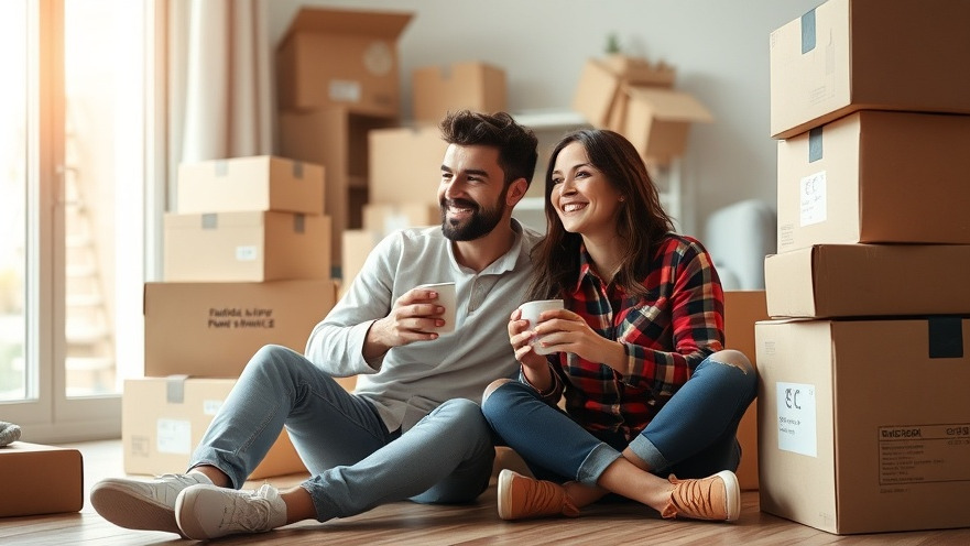 Happy first-time homebuyers enjoying coffee with lower down payment options in cozy interior.