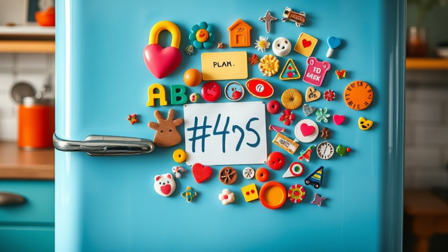 Colorful magnets and hashtag note on a blue fridge, perfect for local business strategy.