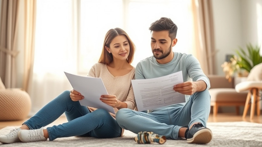 Thoughtful young couple reviewing mortgage documents, embodying financial wellness.