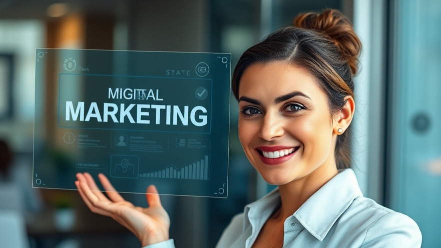 A confident professional woman presenting AI-driven SEO strategies on a digital screen.