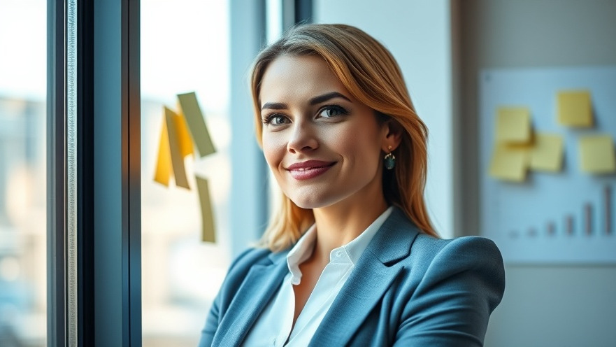 Confident businesswoman by window with sticky notes, embodying goal setting and team alignment.