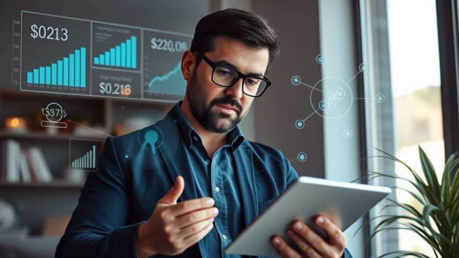 Local business owner analyzing data on a tablet for improved search visibility.