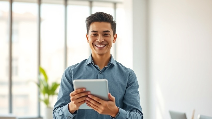Friendly professional smiling with a tablet, embodying effective customer engagement strategies.