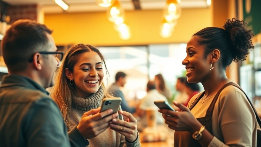 Customer using voice search tactics at a lively coffee shop, showcasing local SEO in action.
