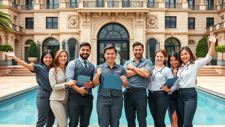 Customer service team united with a hospitality mindset in front of elegant architecture.