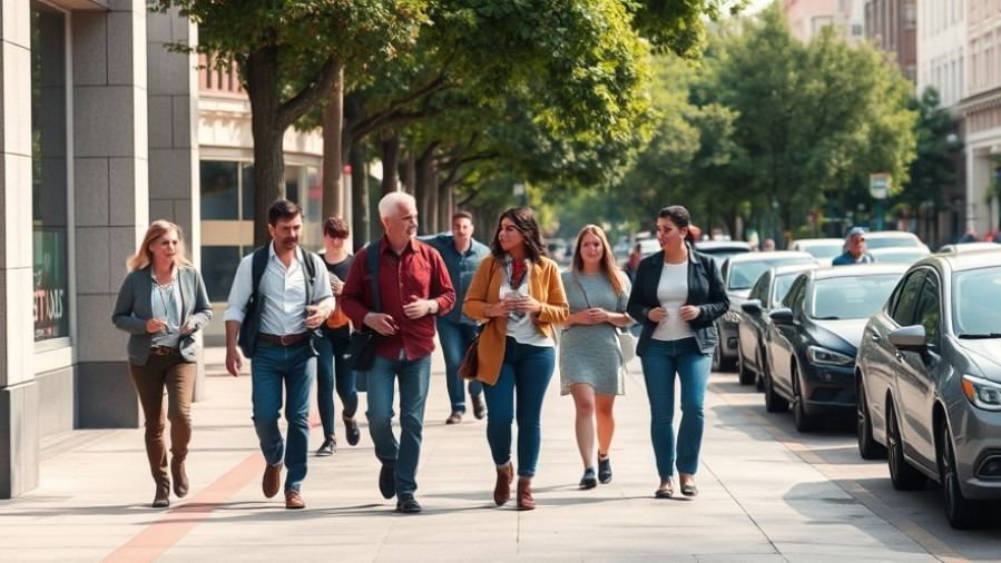 Group of people walking discussing healthy habits for business owners in a vibrant city.