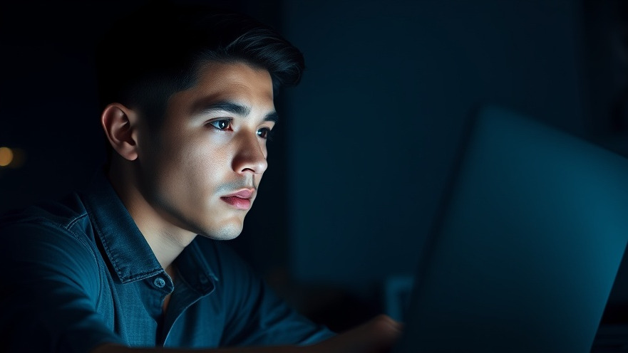 Young professional in dark mode, focused on laptop, enjoying user experience enhancements and reduced eye strain.