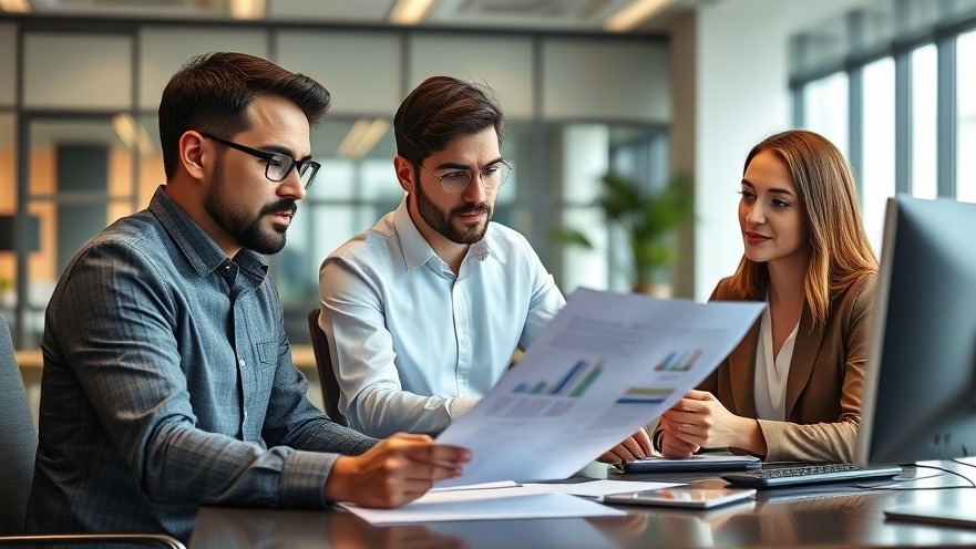 Three professionals discussing compliance and employee classification in a modern office.
