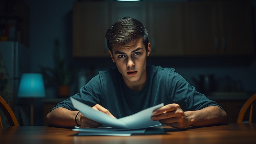 A determined young adult assessing financial security risks at a kitchen table.