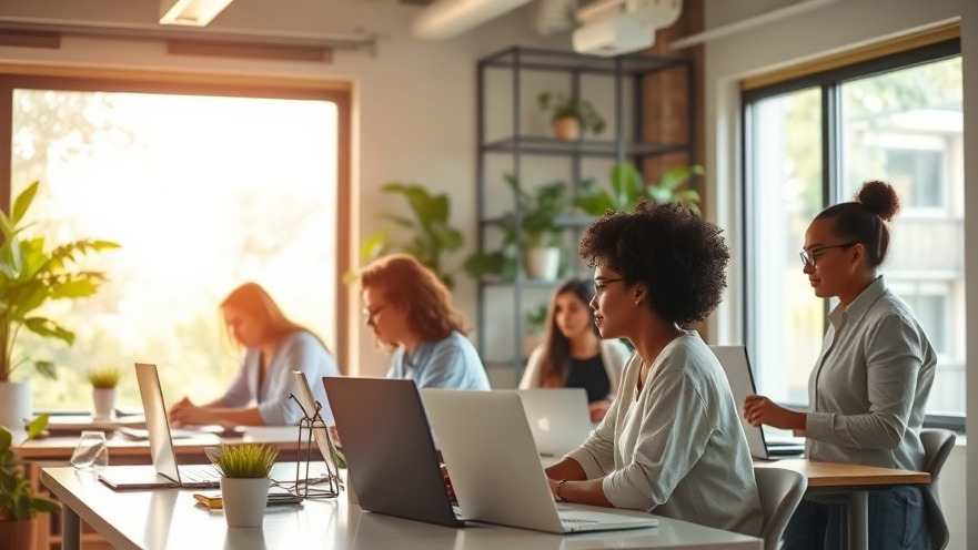 Diverse professionals in a serene hybrid workspace promoting work-life balance.