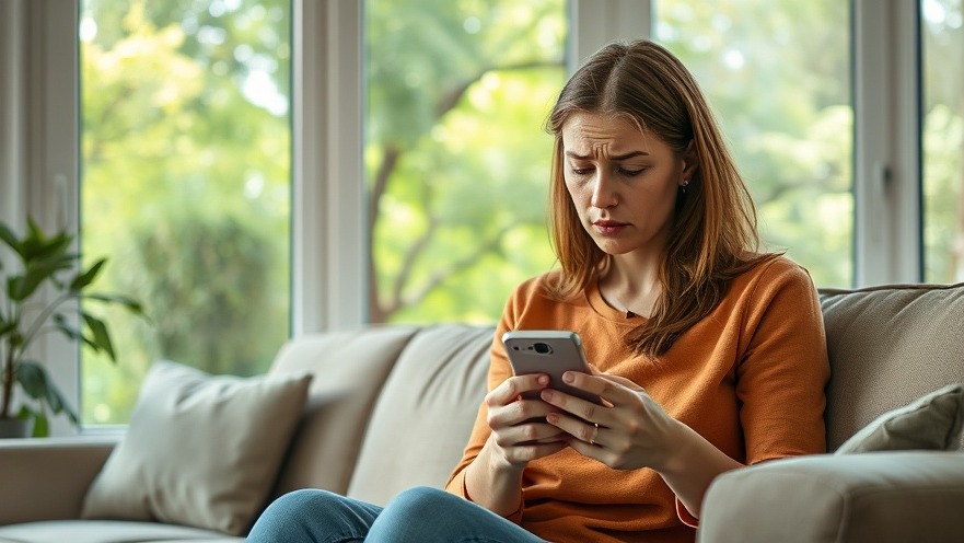 Frustrated Maryland woman checks smartphone for wireless service performance amid streaming demands.