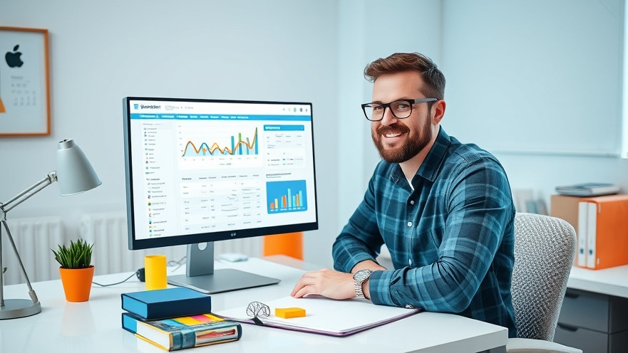 Local business owner using automated scheduling for productivity goals in a vibrant office.