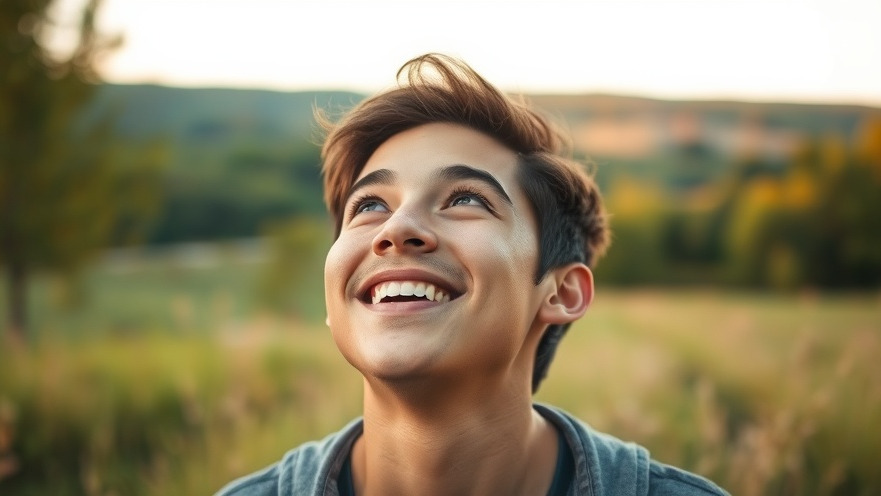 Young adult embracing personal growth outdoors, joyfully looking up in golden hour light.