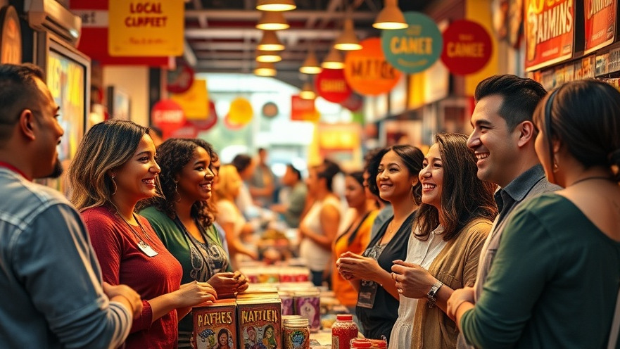 Authentic marketing in action: local business owners and happy customers engaging with products