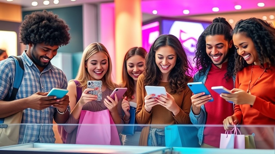 Happy shoppers exploring ecommerce CRO tips on various devices in a vibrant online shopping scene.
