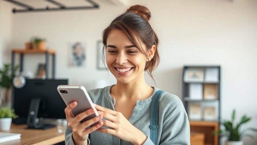 Cheerful entrepreneur using social media growth strategies on smartphone.