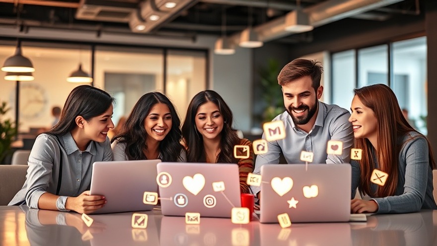 Young professionals using artificial intelligence in marketing, discussing social media automation tools.